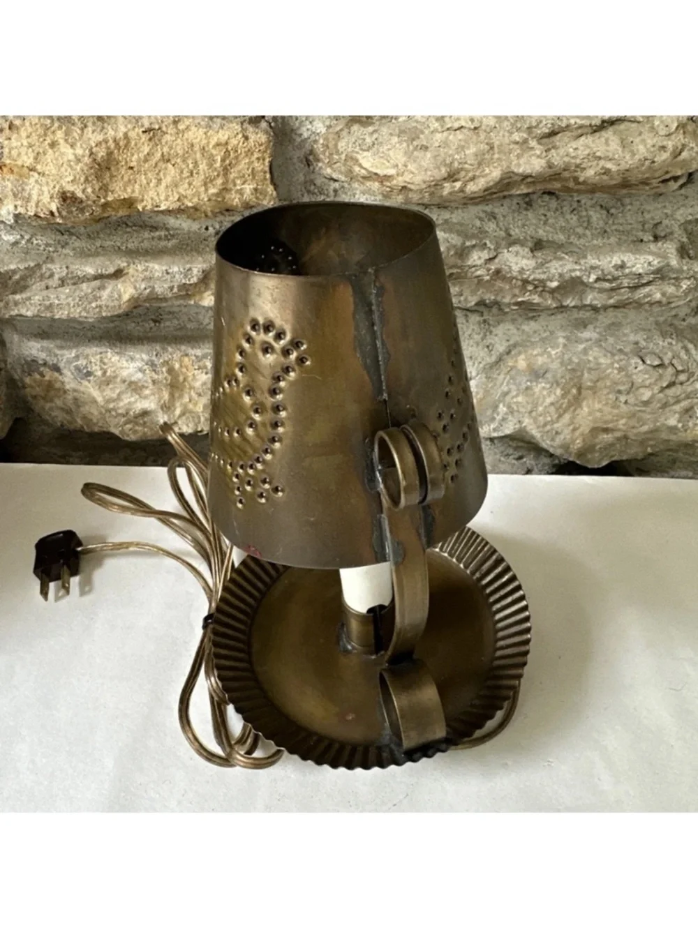 Vintage Punched Brass Candle Lamp Eagle Electric G